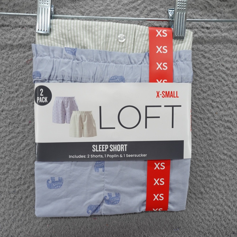 LOFT Womens 2 Pack Sleep Shorts XS Blue Elephant Poplin Green Striped Seersucker